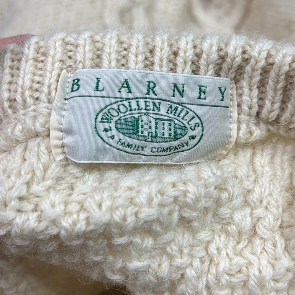 Blarney Woolen Mills Wool Ireland Clover Cable Knit Fisherman Ivory Sweater 2XL